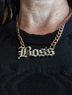 Rhinestone 'Boss' Pendant Chain Link Necklace Brass-toned